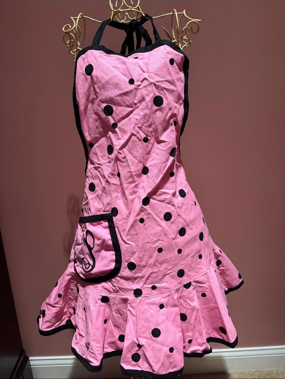 Retro Pink Polka Dot Ruffle Apron / Costume Attire - Monogrammed Letter P